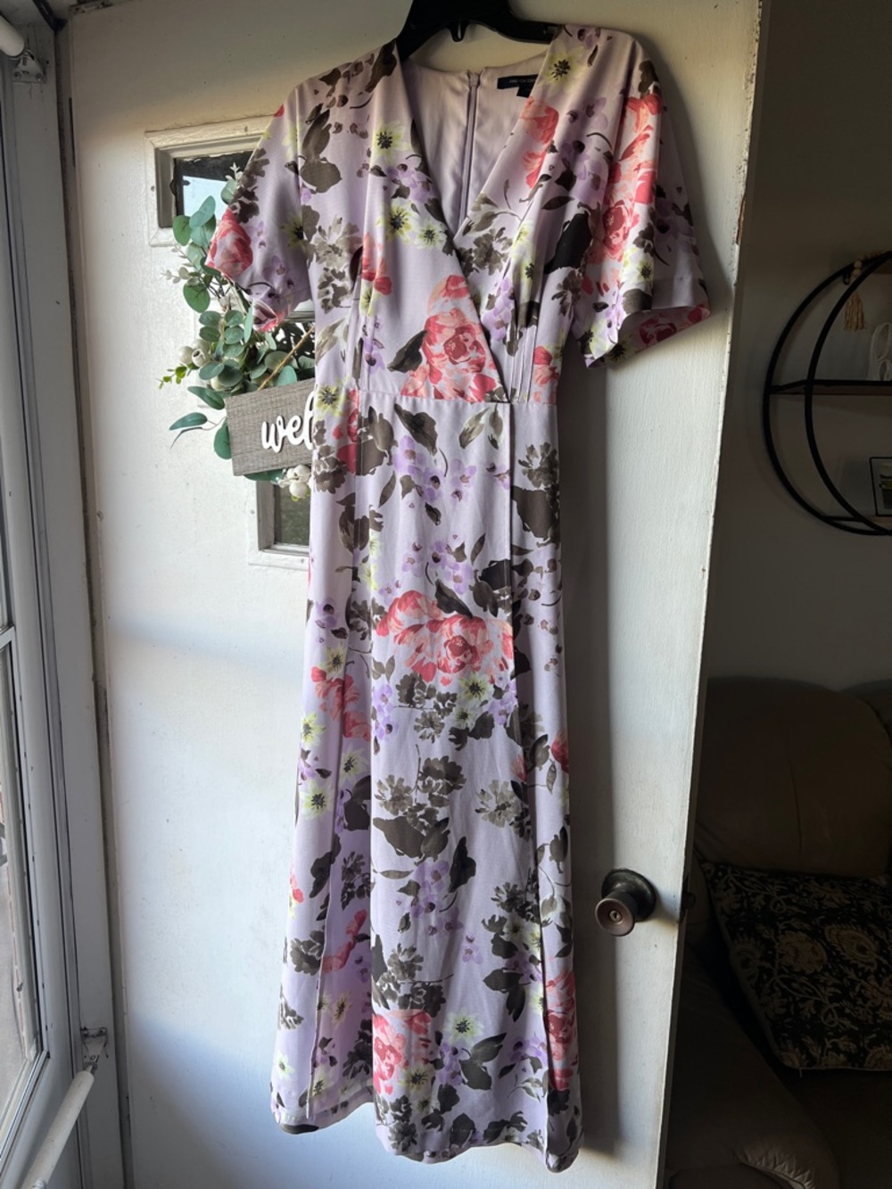 French Connection Lilac Floral V-Neck Maxi Dress in Lavender and Pink Coral
